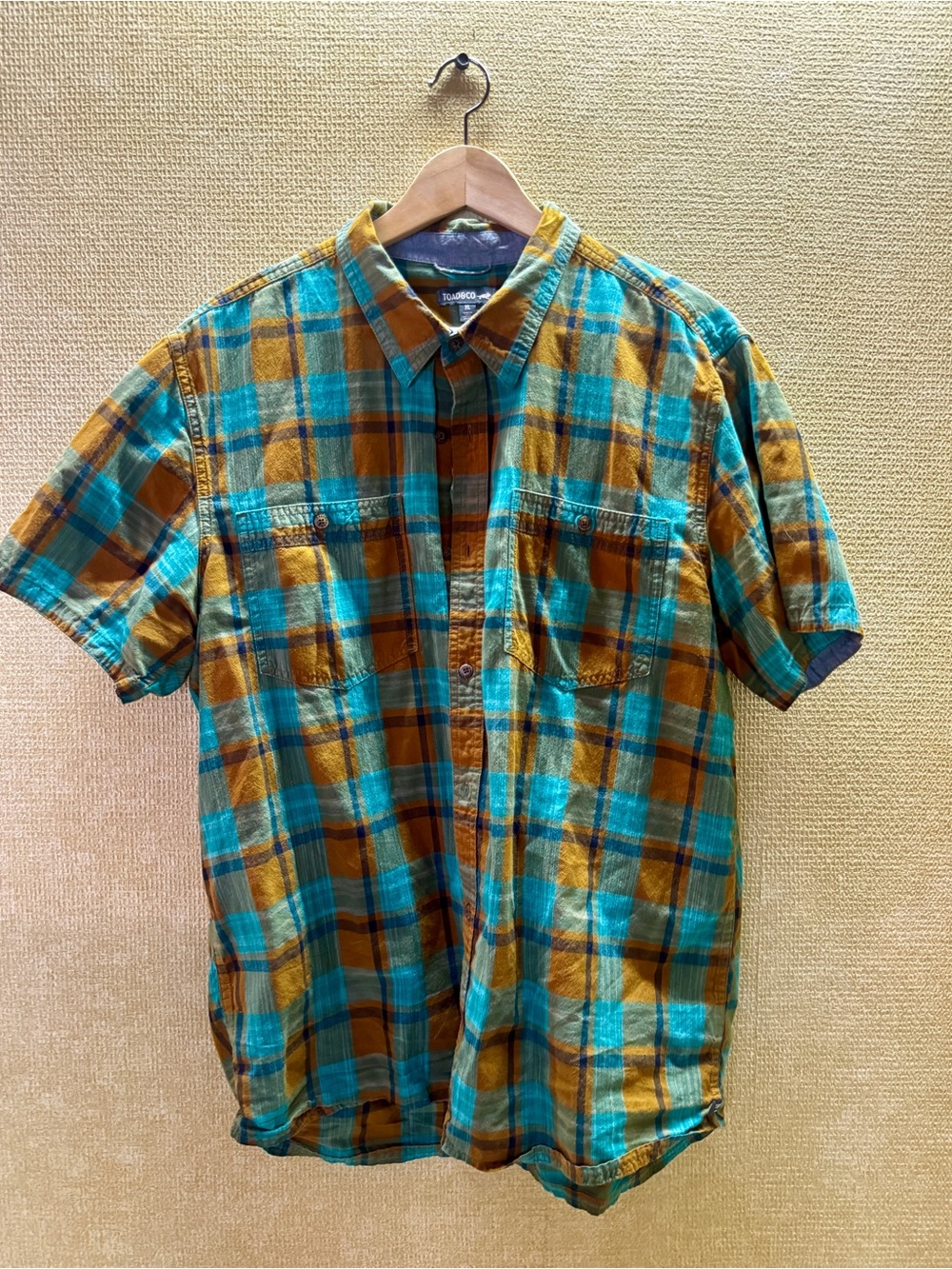 Toad&Co Teal & Mustard Short-Sleeve Plaid Button-Down Shirt
